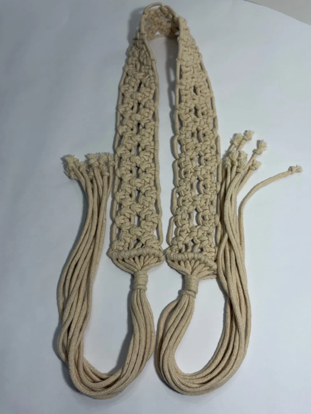 Vintage Macrame Tie Belt Cream Off White Cotton Woven Tassel Fringe Boho 70s